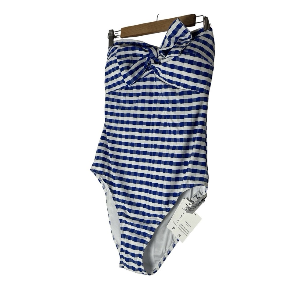 New Milly Womens Jacquard Cottage Bow Blue Gingham One-Piece Swimsuit Large - Picture 7 of 14